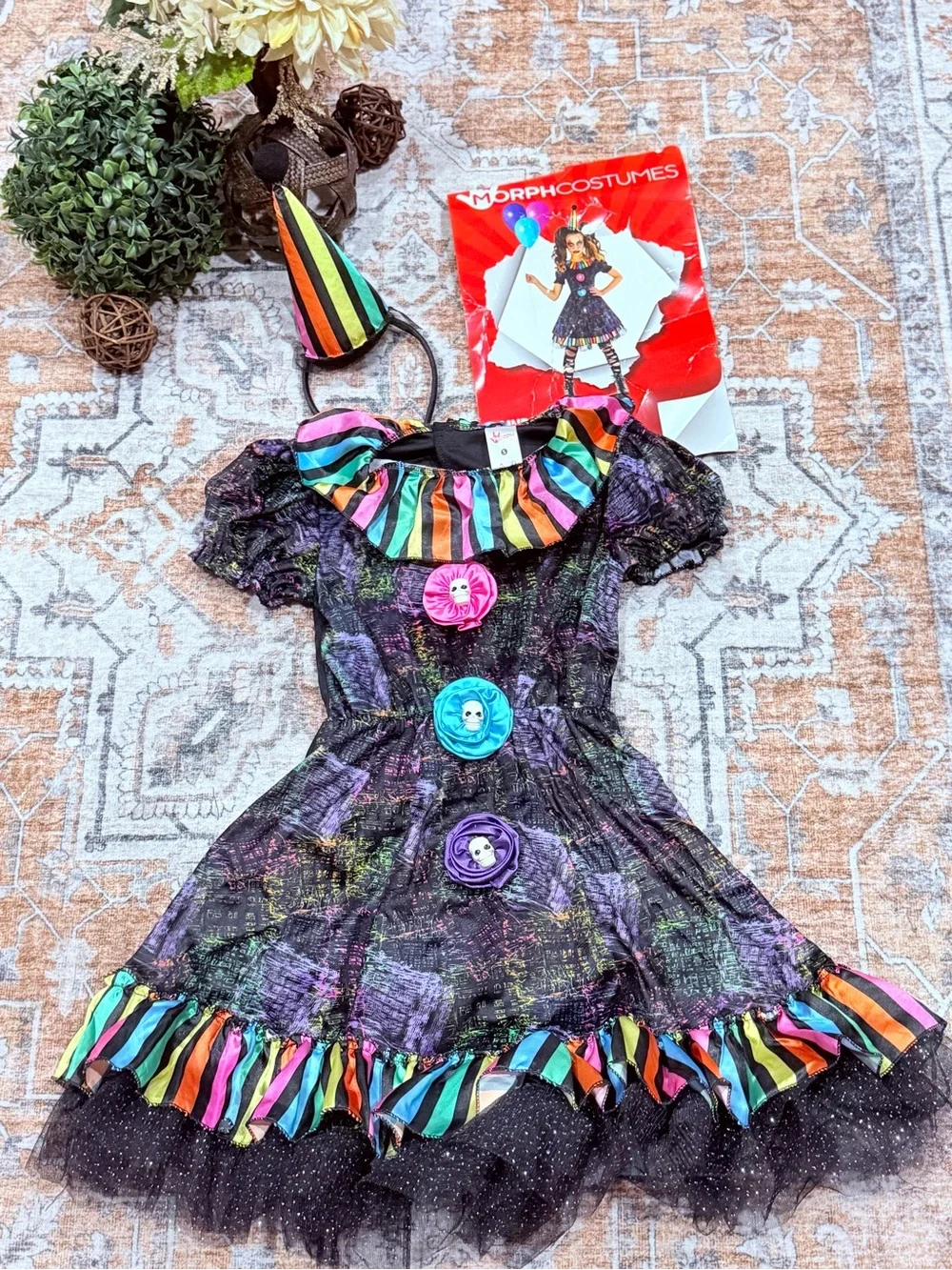 Girls' Black Halloween Clown Dress Costume with Multicolor Accents